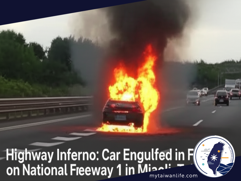 Highway Inferno: Car Engulfed in Flames on National Freeway 1 in Miaoli, Taiwan